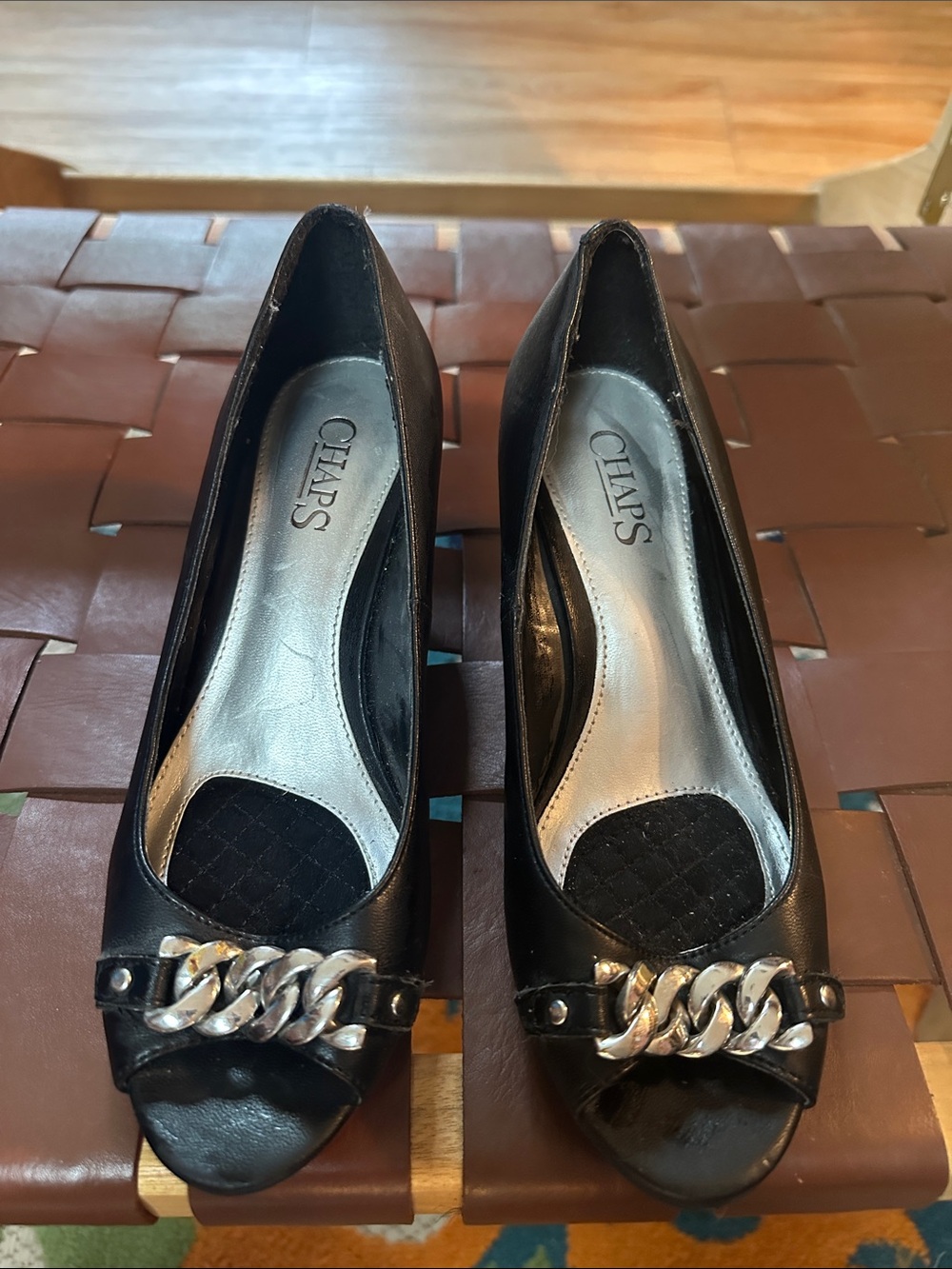 Chaps Black Peep-Toe Heels with Silver Chain Detail
